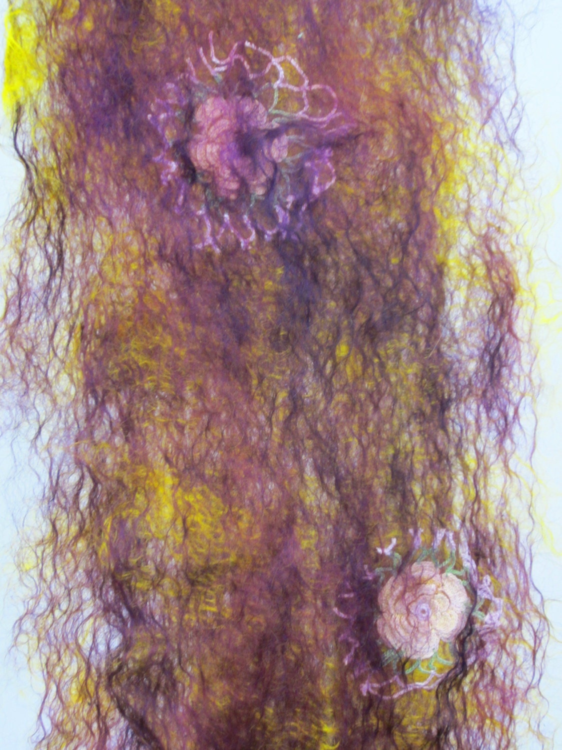 Nuno Felted Cobweb-Weight Scarf, Mohair in Bright Purple and Yellow with Vintage Lace