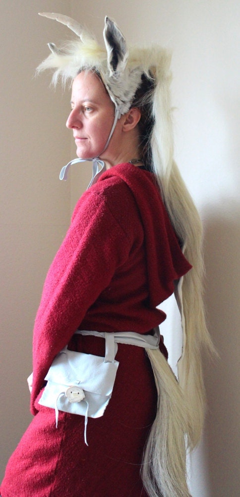 Unicorn costume - real wearable white horse mane, ears and tail costume set with deerskin belt pouch, elk antler headdress