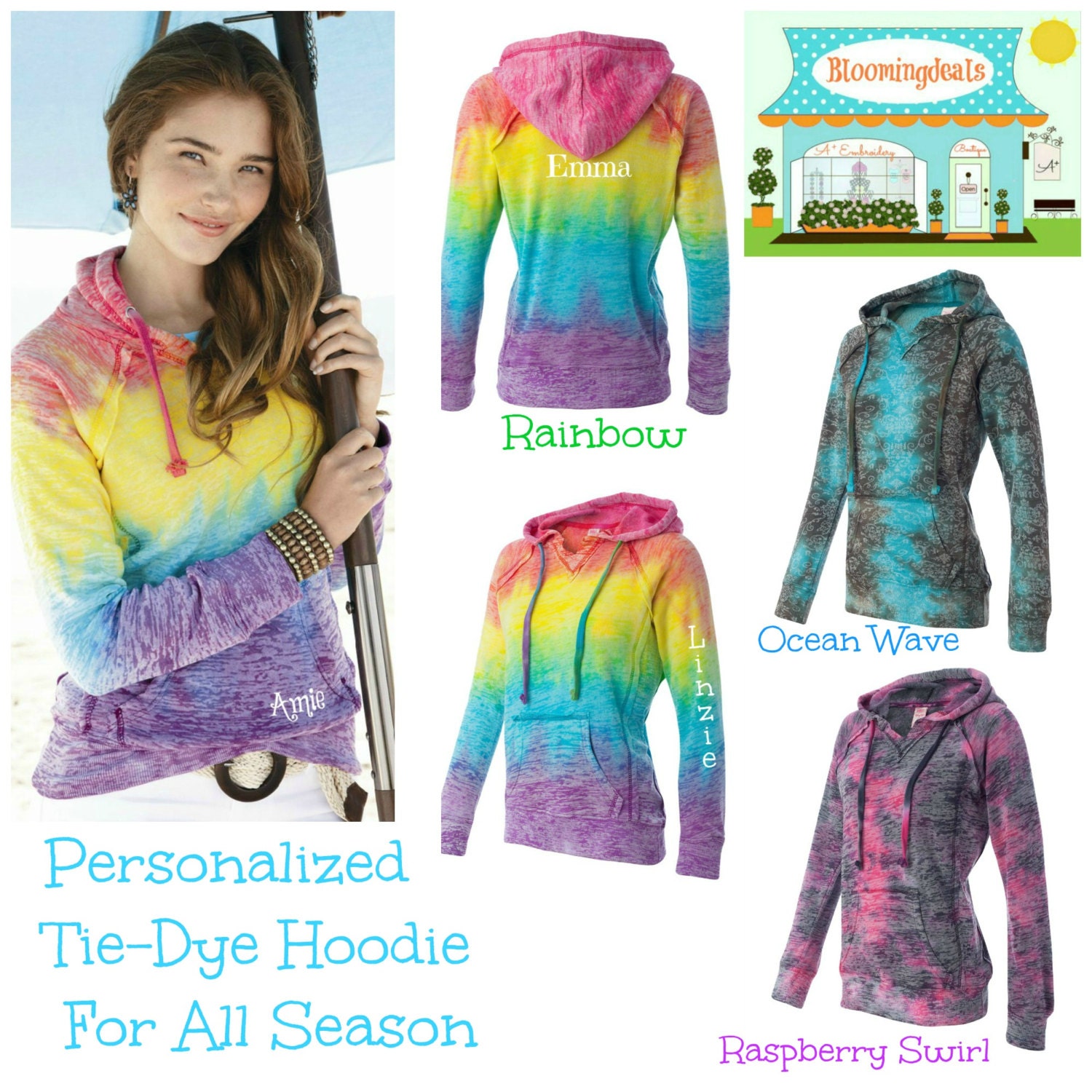 Personalized Rainbow Tie-Dye V-Notch Hoodie Sweatshirt Custom Embroidery Gift Under 40 Dollars