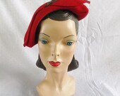 40's 50's Vintage Red Felt Asymmetrical Hat with Silver Beads