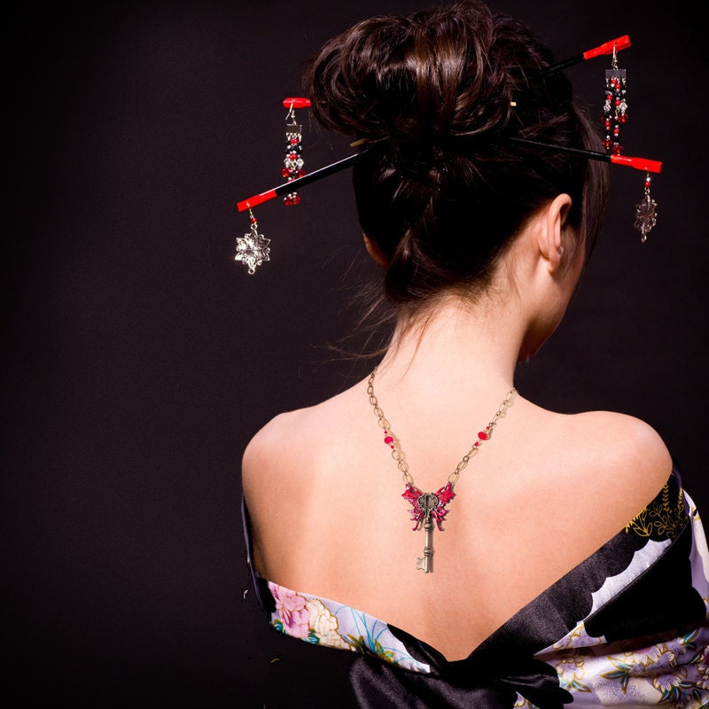 Red butterfly winged key necklace Swarovski