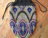 Art Deco Repro Beaded Geometric Flapper Drawstring Bag