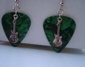 Silver Electric Guitar on Green Guitar Pick Earrings