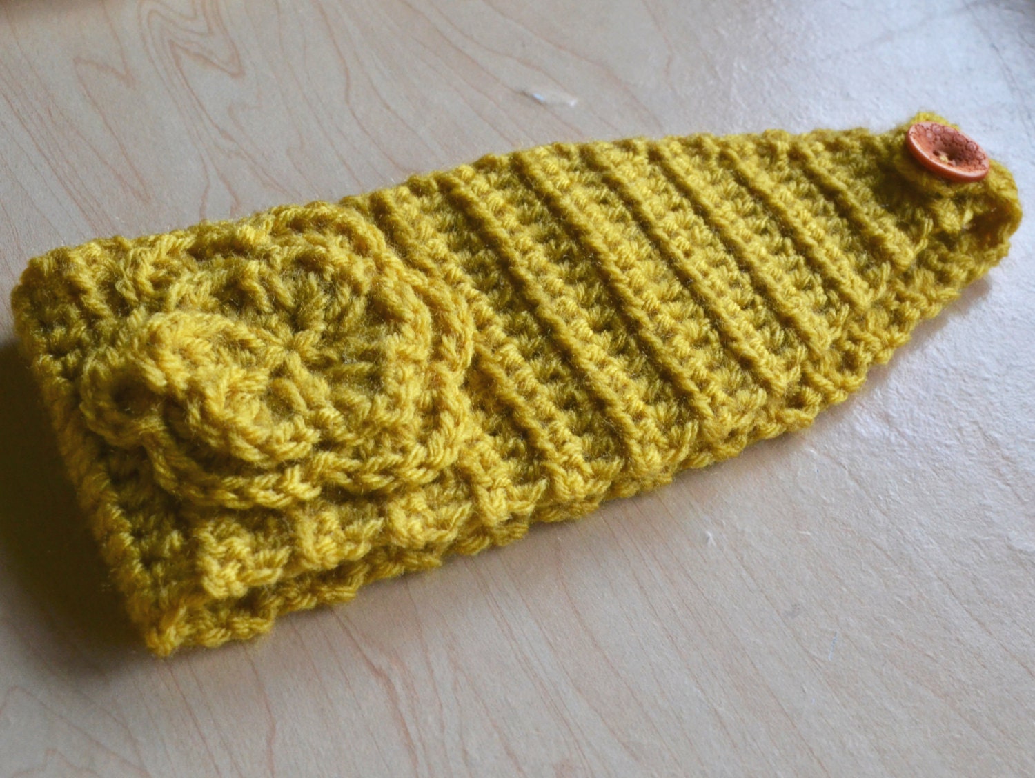 Crocheted Hair Wrap for adult or child with sweater flower and button closure mustard yellow custom black