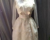 50's, 60's, white nylon chiffon dress with overblouse.