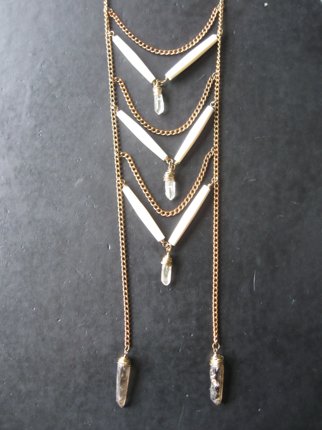 Bone and Quartz Armor Bib Necklace - Vintage Brass Bone Pipe and Raw Quartz
