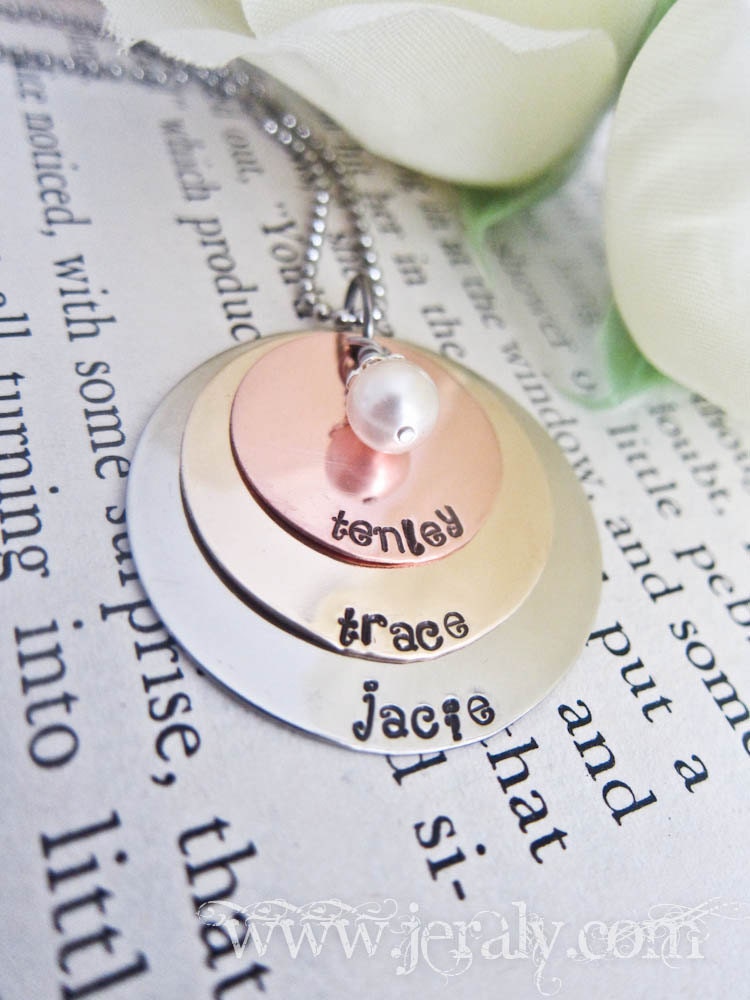 Hand Stamped Mother Necklace - Personalized with Name and One Birthstone Charm - Three Discs