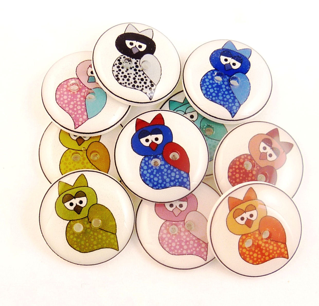 10 Owl Buttons. Assorted Owl sewing buttons.  Handmade Buttons.