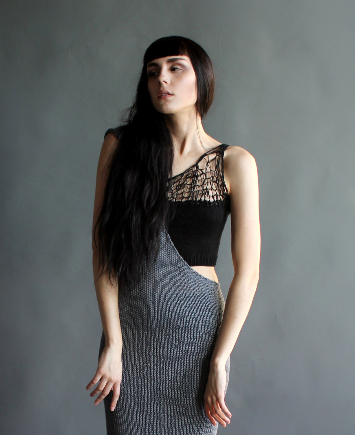 huldra: black one shoulder irregular knit bustier
