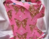 Butterfly knitting bag, sock knitters bag, Butterflies on pink cotton, zipper notions pouch, pockets, drawstring, crochet tote bag
