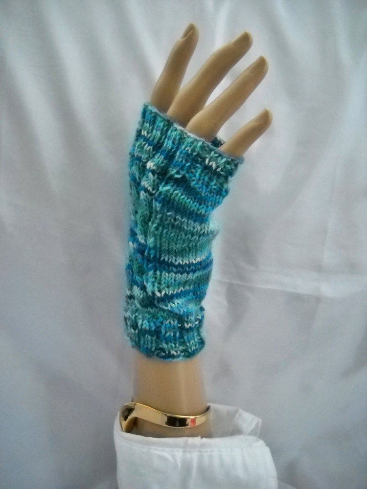Short Fingerless Gloves with Thumb, Handknit merino wool and nylon blend in shades of teal, seamless, 1 size, super soft warmth