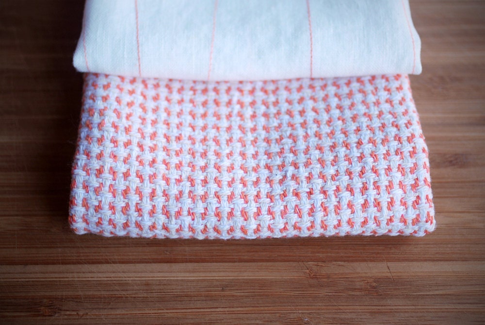 Tiny Leaf in Coral and Embroidered Linen Tea Towels