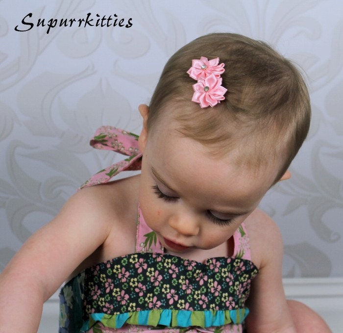 Baby Non Slip Hair Clips - Infant Hair Snap Clips - Mini No-Slip Clippies - Petite Satin Baby Flower Hair Bows - Pink/Red/Black U-Pick