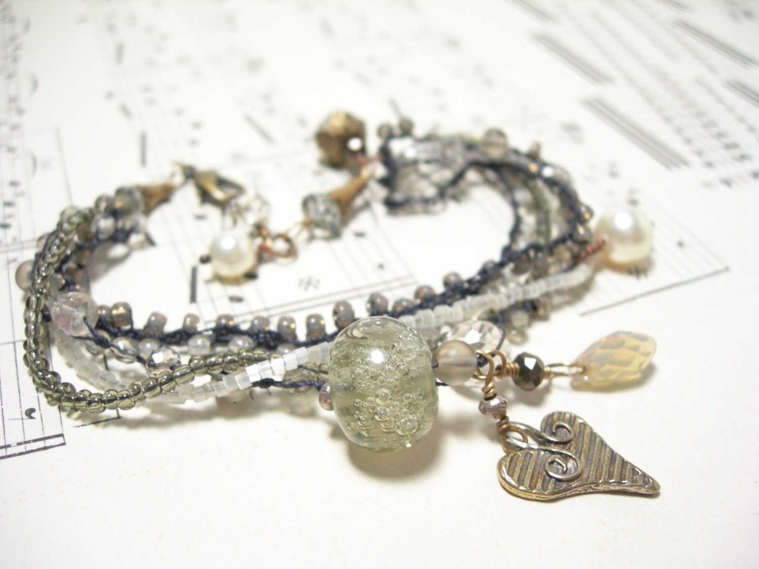 Lampwork bracelet  crocheted silvery grey sterling silver heart moon shadows