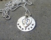 Hand stamped sterling silver baby feet charm necklace - Hammered texture