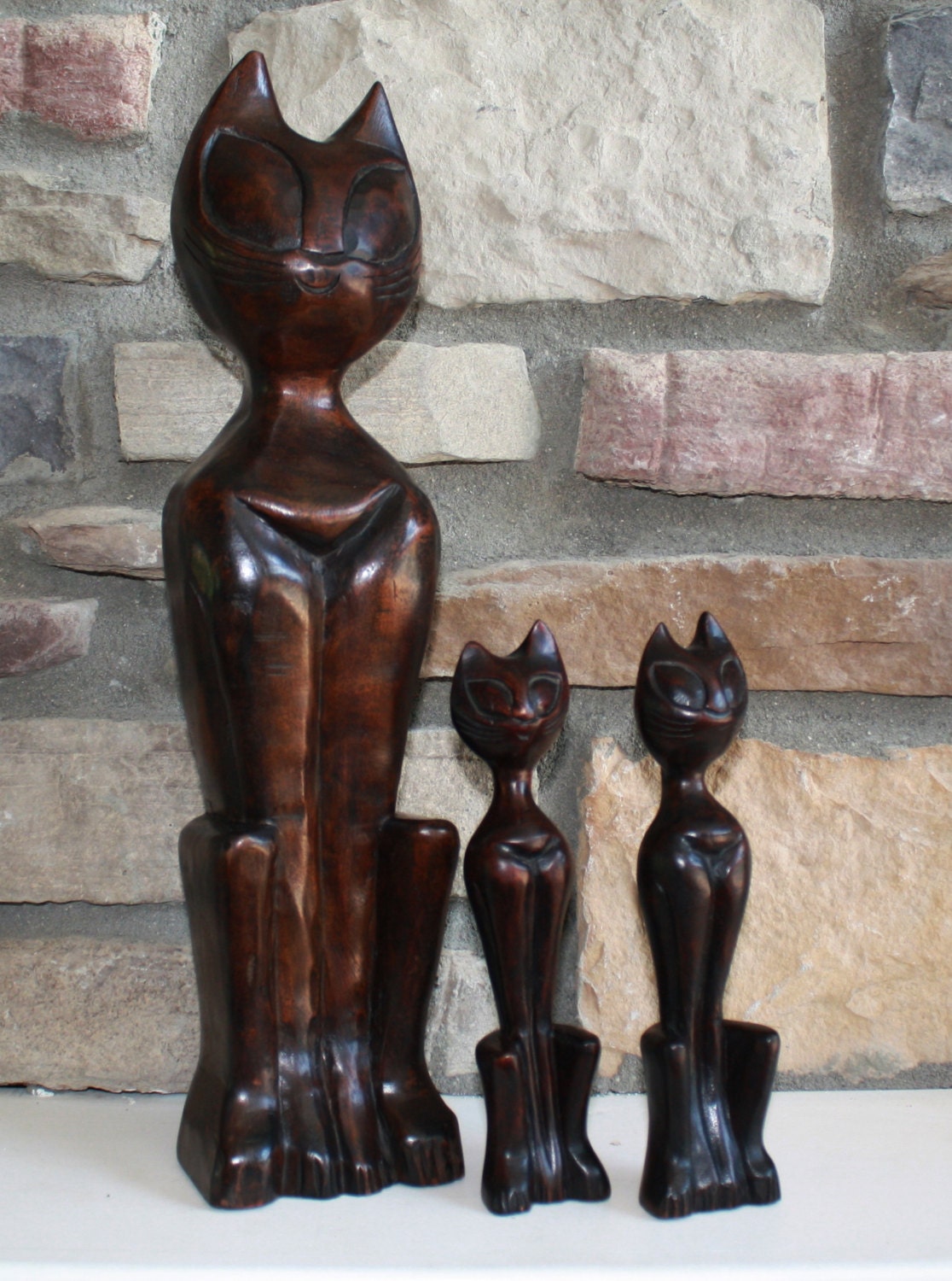 Carved Teak Siamese Cat Family Figurines - Vintage Mid Century Modern