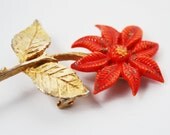 Vintage Enamel Flower Pin Brooch Orange & Gold with Miraculous Mary Medal on Back