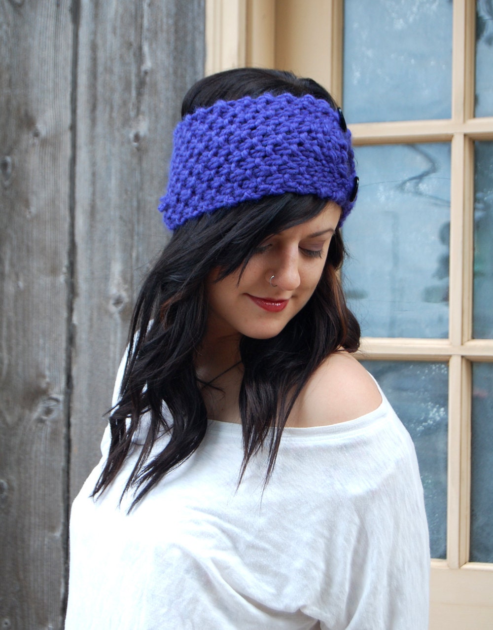 Wide TwoButton Headband in Indigo Blue // Hipster Knitted Earwarmer // Boho Headband