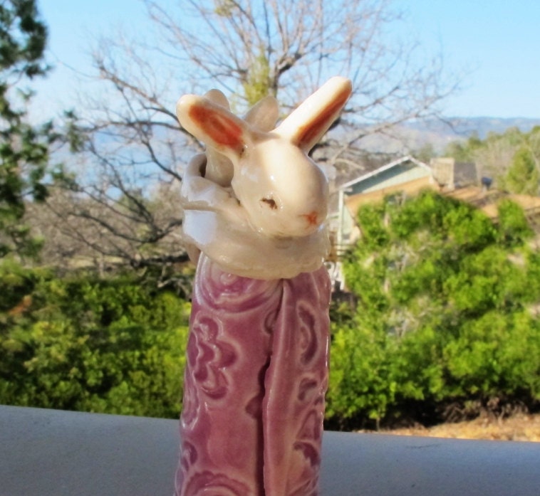 White Mother and Baby Easter Bunny Rabbit Figurine Jar - Purple Ceramic Miniature Vessel - Art Sculpture OOAK