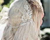 Juliet Cap Wedding Veil, Alencon Lace, Rhinestone Bridal Cap, Pearls, Cathedral, Chapel, Waltz, Blusher, Ivory, Champagne, Style: Lola Gold