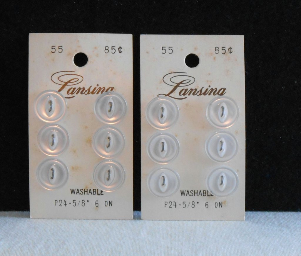 Vintage Carded Pearlized White Buttons, Size 3/8" Estate Lot 2 Cards With 6 Buttons by Lansing 55 Lot 118