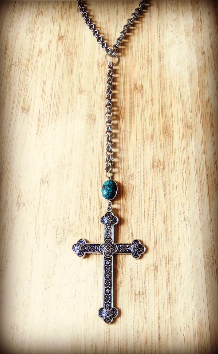 Tribal Large Silver Cross Necklace with Turquoise Connector