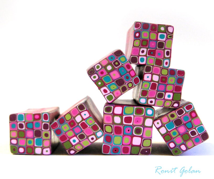 Polymer clay millefiori cane - Pink, Blue, Green and White Retro Dots Square cane
