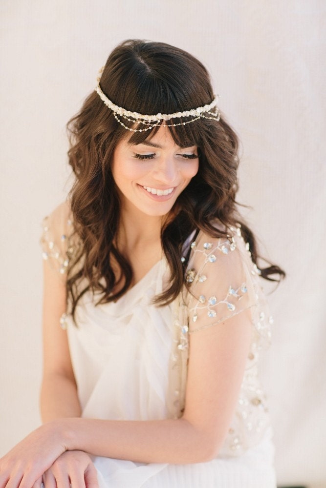 Joy Bridal Headband, Russian Veiling, Austrian Crystals, Pearls, Agate, Wedding Headpiece, Bridal Hair Piece, Boho Halo, Ships in 1 Month