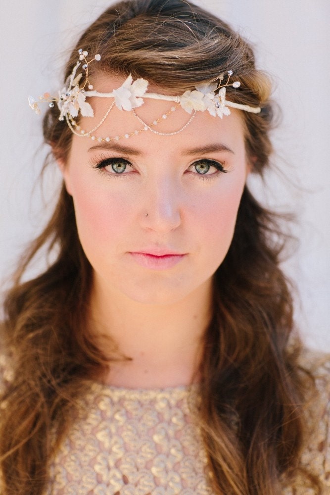 Sophia Bridal Headband, Silk Leaves, Rhinestones, Pearls, Beads, Wedding Headpiece, Bridal Halo, Bridal Hair Piece, Ships in 1 Month