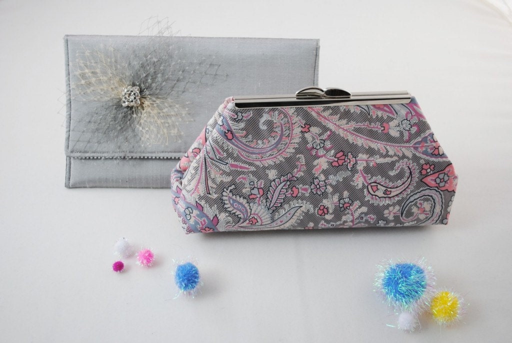 Grey and Coral Liberty of London Print Clutch, Open Channel Frame Purse, Paisley Print Bridal Clutch, Bridesmaid Gift, Ships in 1 Month