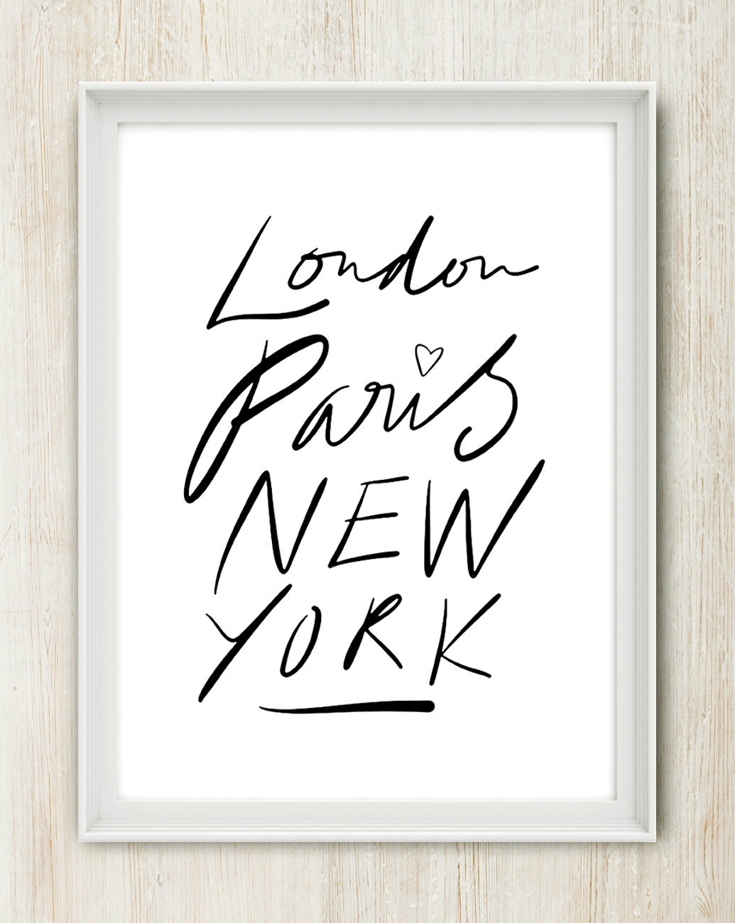 London. Paris. New York. 8x10 inch print on A4 - Featuring hand drawn type (in Classic Black and White)
