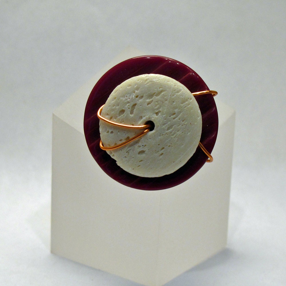Wire-wrapped Ring - Large Maroon Button - Bone Bead - Bright Copper Wire - Sz 8