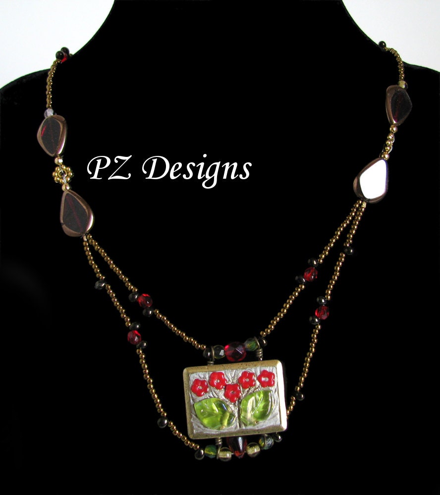 Mini Flower Garden Necklace - Red Poppies & Green Leaves, Multi-Strand Beaded Chain, Antique Brass