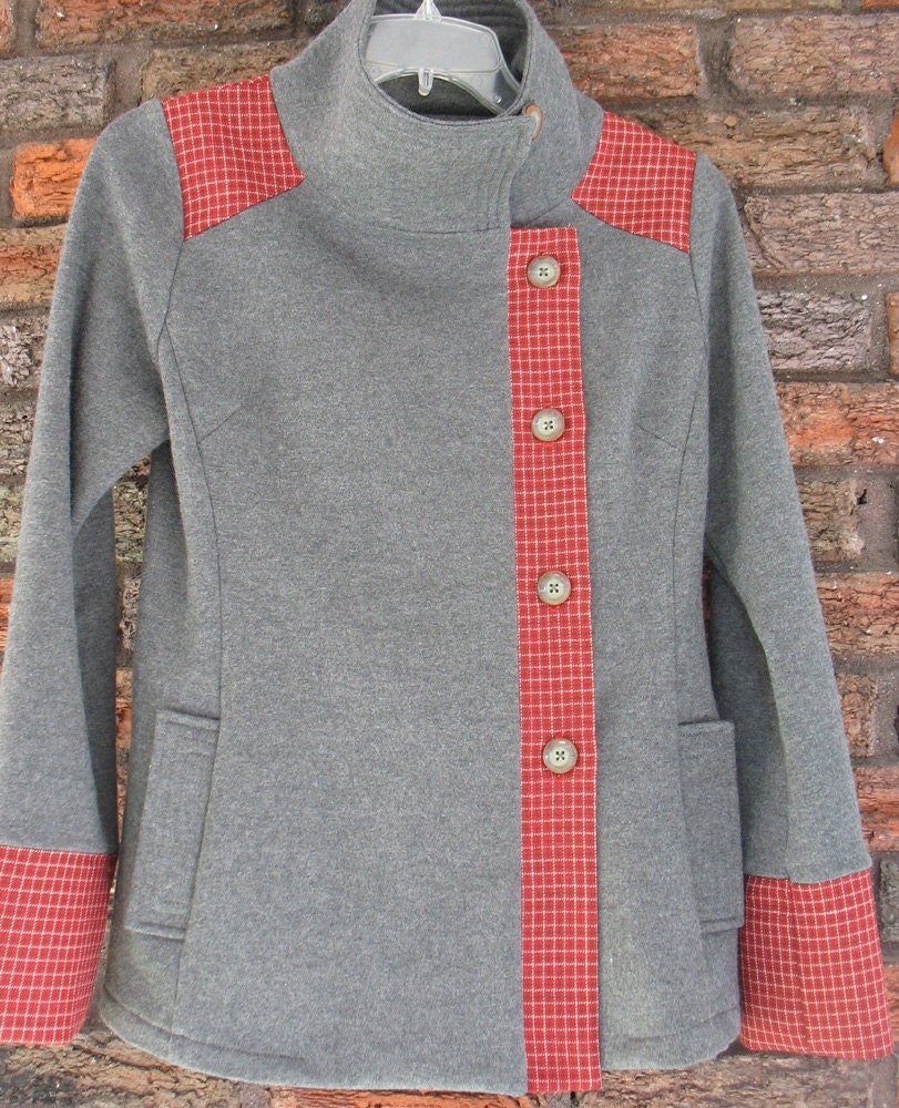 Urban Knit Jacket -  Fog gray and Red plaid wool 2 tone jacket - Last one available