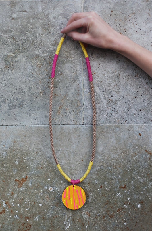 Geometric Necklace / Boho Necklace / Wooden Colourful Necklace/ Neon Yellow Pink Necklace