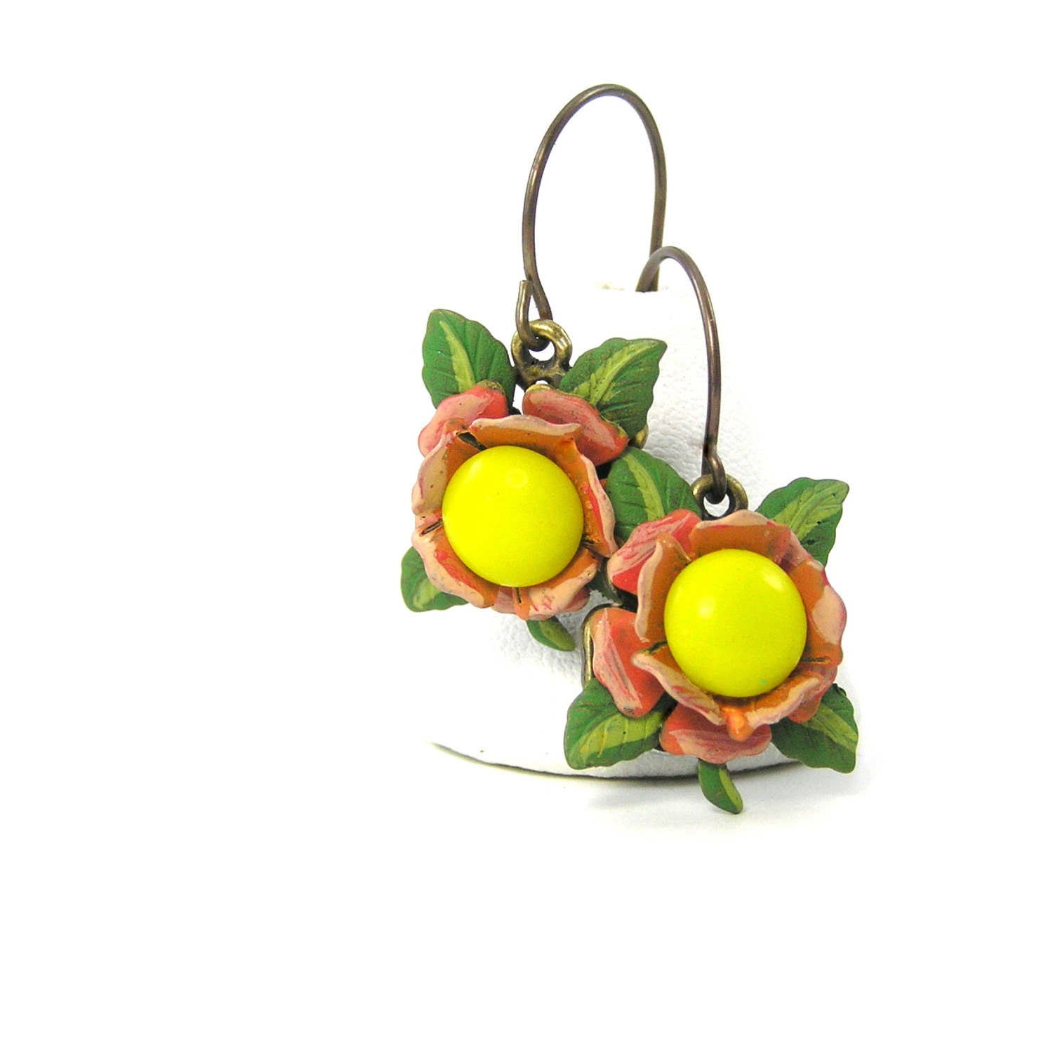 Romantic Rose Earrings, Metal Drop Earrings, Pink, Neon Yellow, Vintage Glass, Small Earrings, Mother's Day, Garden, Spring Jewelry
