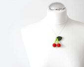 crochet red cherry necklace, crochet berry pendant with delicate sterling silver chain, gift for her, mothers day, wedding idea, bridesmaid