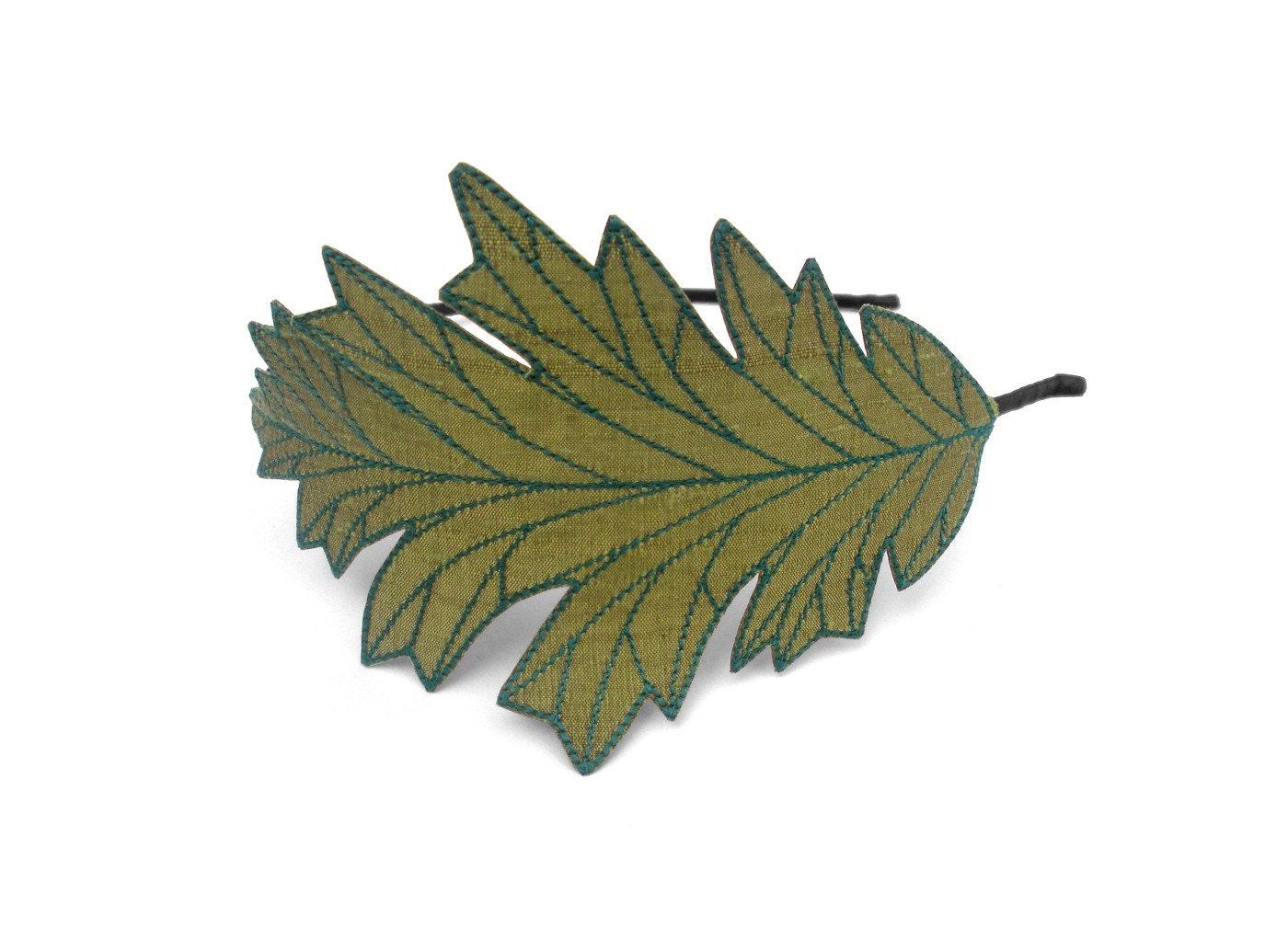 Oak Leaf Headband- Olive Green with Teal Embroidery