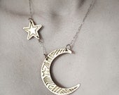 Brass Necklace - Etched Moon and Star necklace - handmade in my studio in Austin Texas