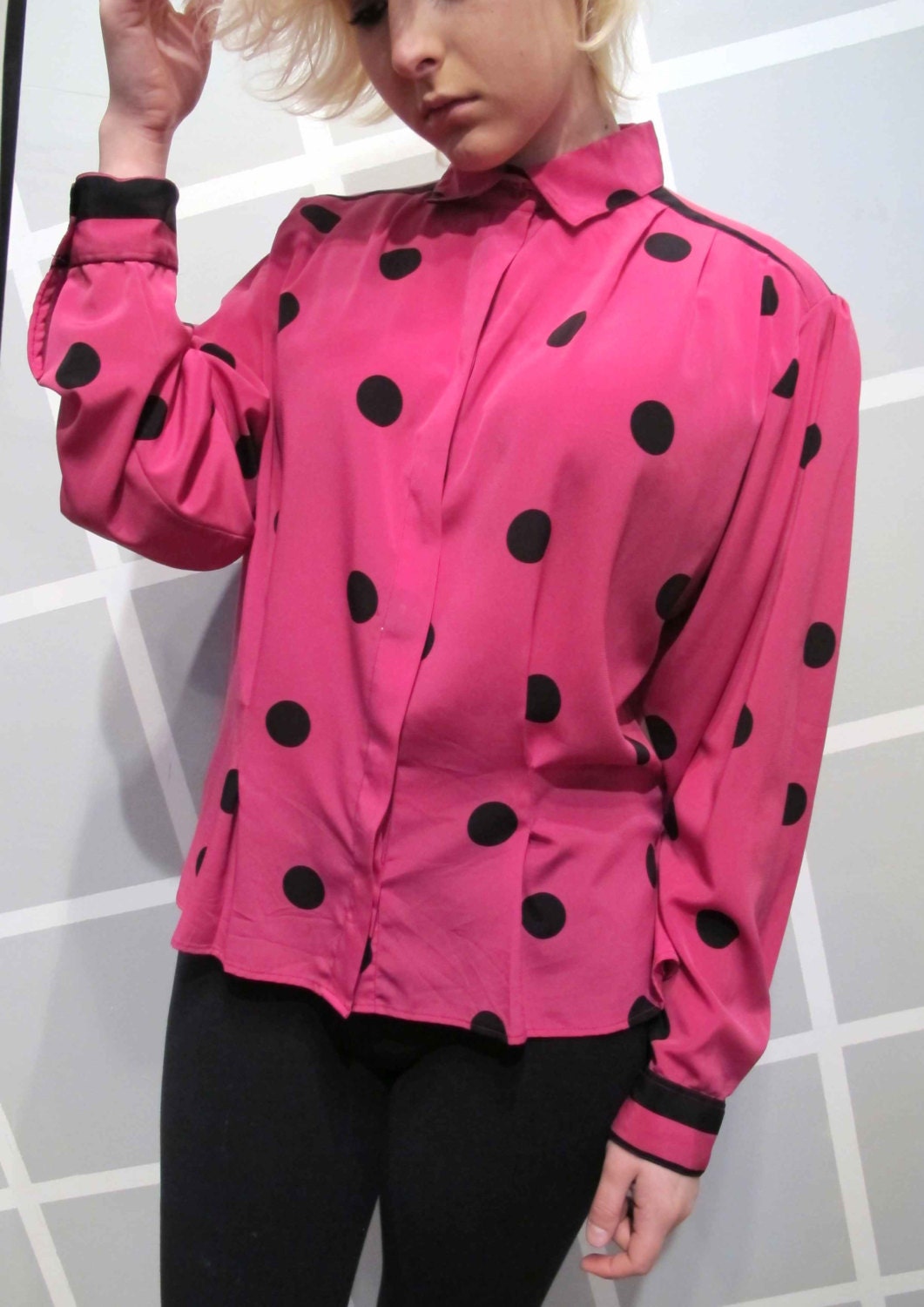 1980s Pink and Black Polka dot  Blouse