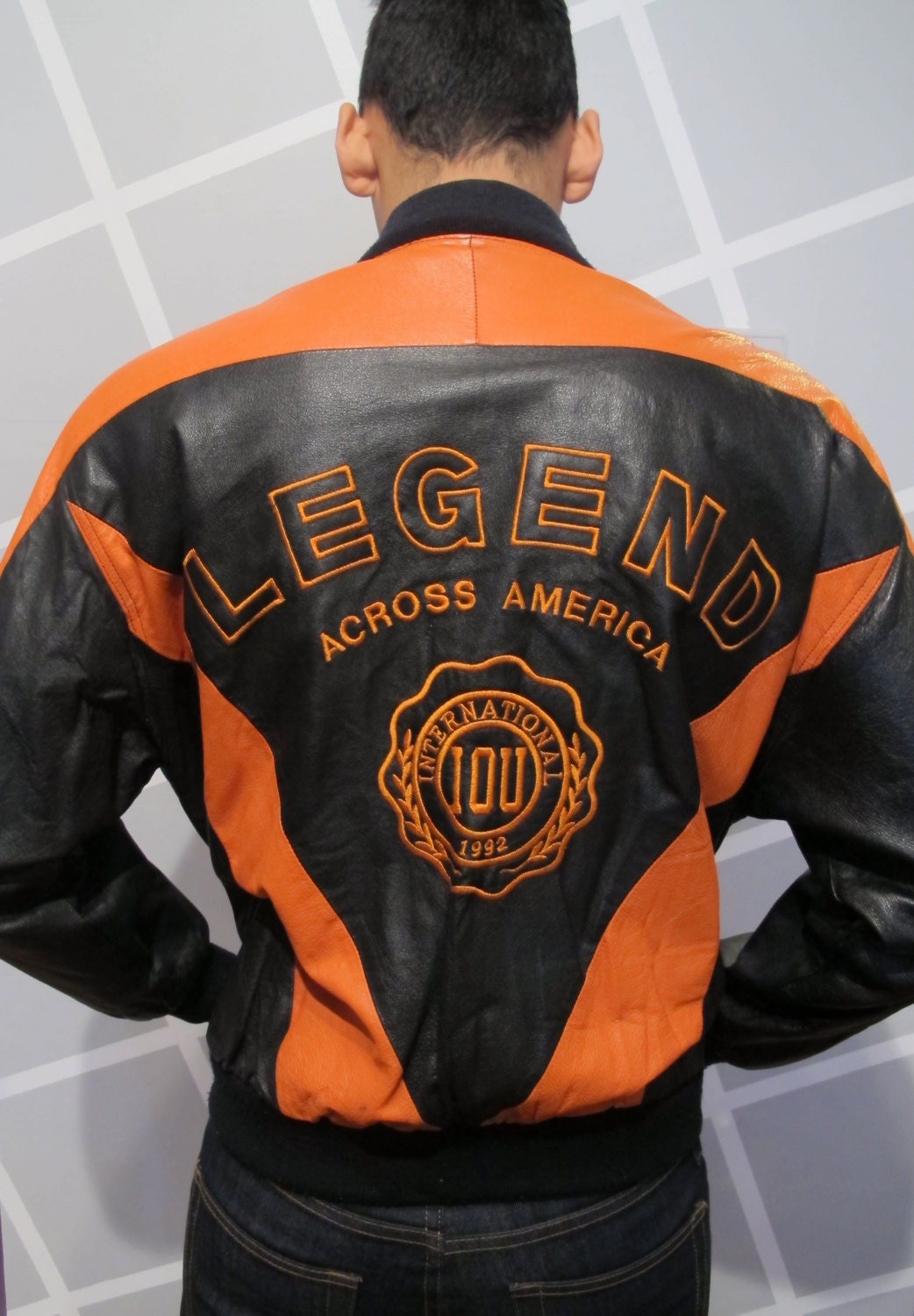 I.O.U. Black and Orange Leather Letterman Style Jacket Euro Mode 90s