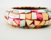 vintage 80s STATEMENT bangle pastel MOSAIC wooden WOOD bracelet