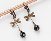 Handmade Jewelry Drop Earrings Gold dragonfly flower filigree leaf black jet Swarovski crystal Neo Victorian Dangle earrings Gift R1123