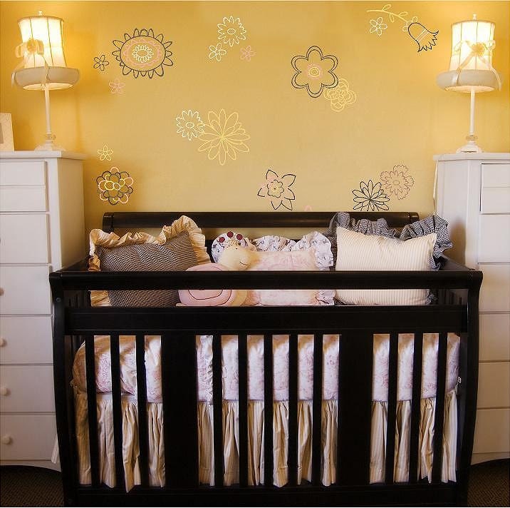 Flower Lines Pink Yellow and Brown Cusotmizable Wall Decals