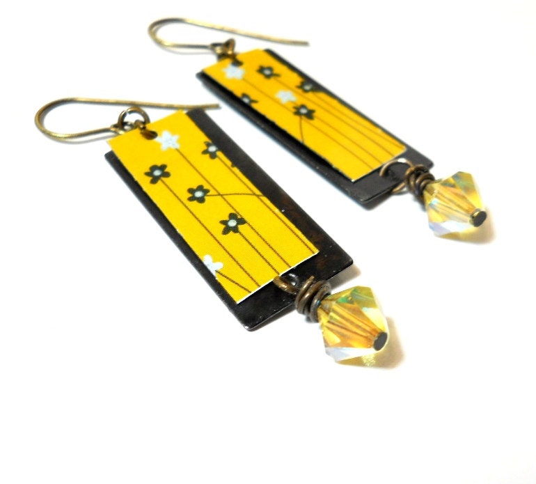 Spring Flower Dangle Earrings, Floral Tin, Arte Metal, Lemon Swarovski Crystal Metalwork Earrings, Rustic Fashion, Art Deco
