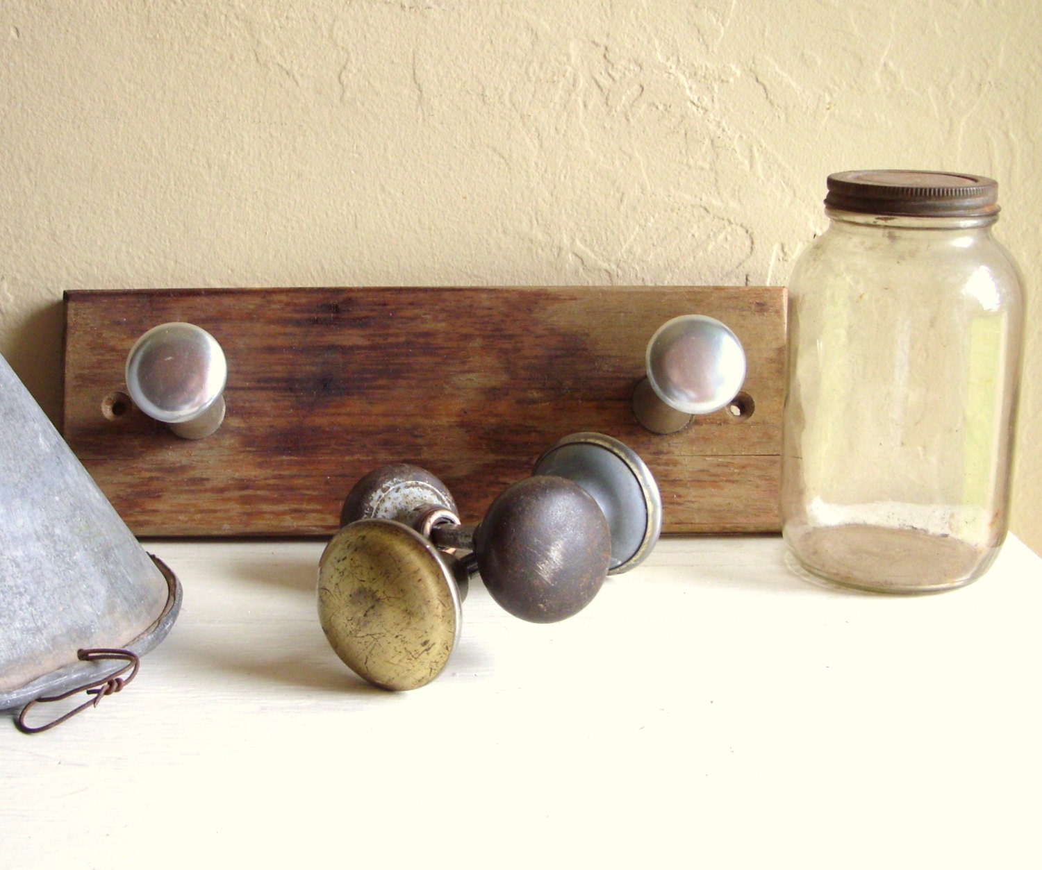 Industrial Chic Collection Rustic Metal and Wood Wall Hooks Rusty Jar with Lid Old Door Knobs