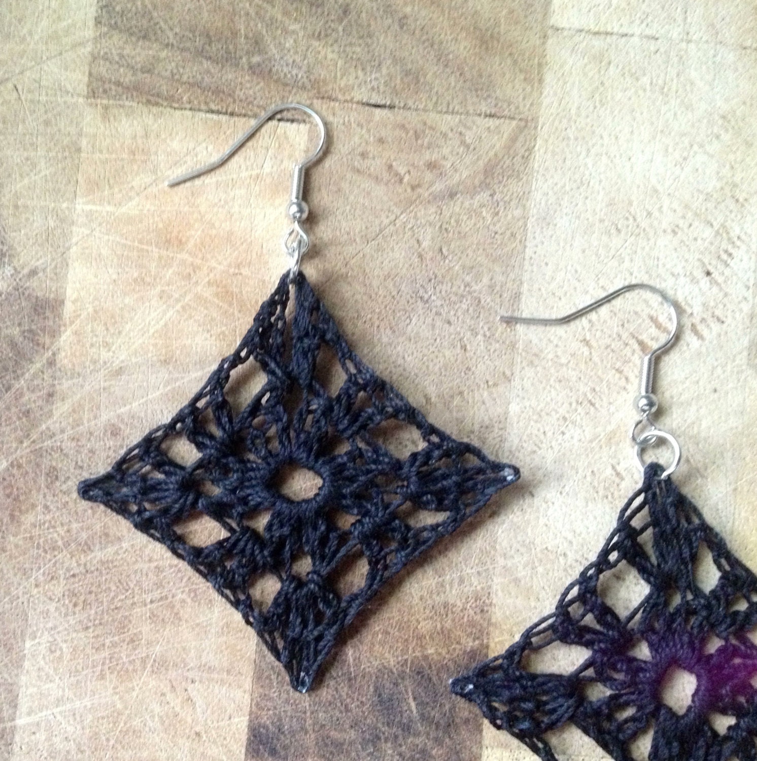 small lacy crochet granny square earrings . black .