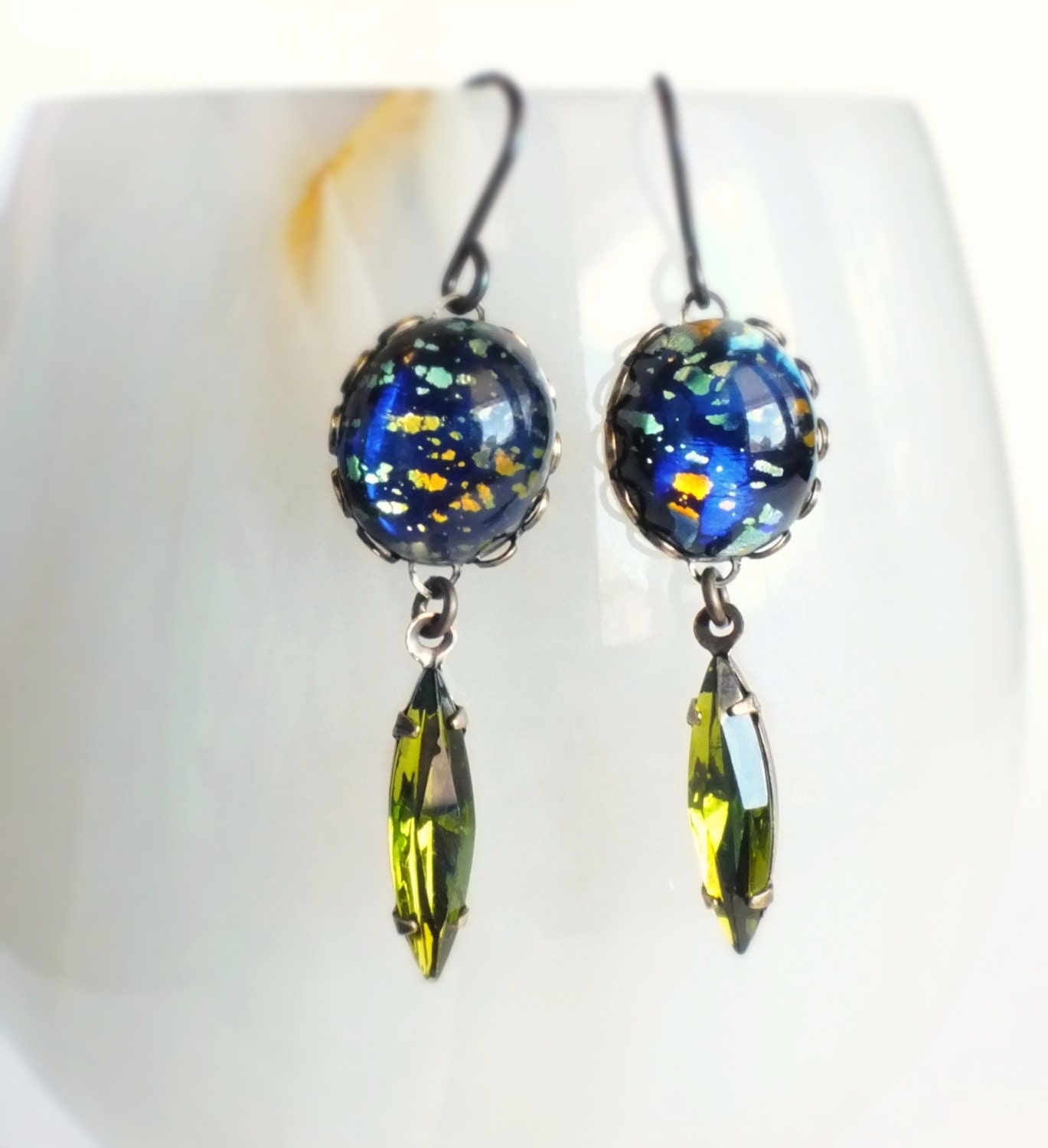 Harlequin Opal Earrings Vintage Glass Stones Victorian Jewelry Navy Olivine Small Jewel Dangles