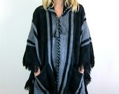 Gorgeous Black & Grey Striped Wool Hooded Cape