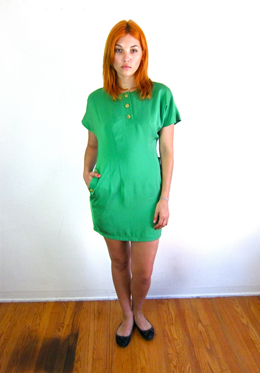 Bright Green Silk 80's Dress